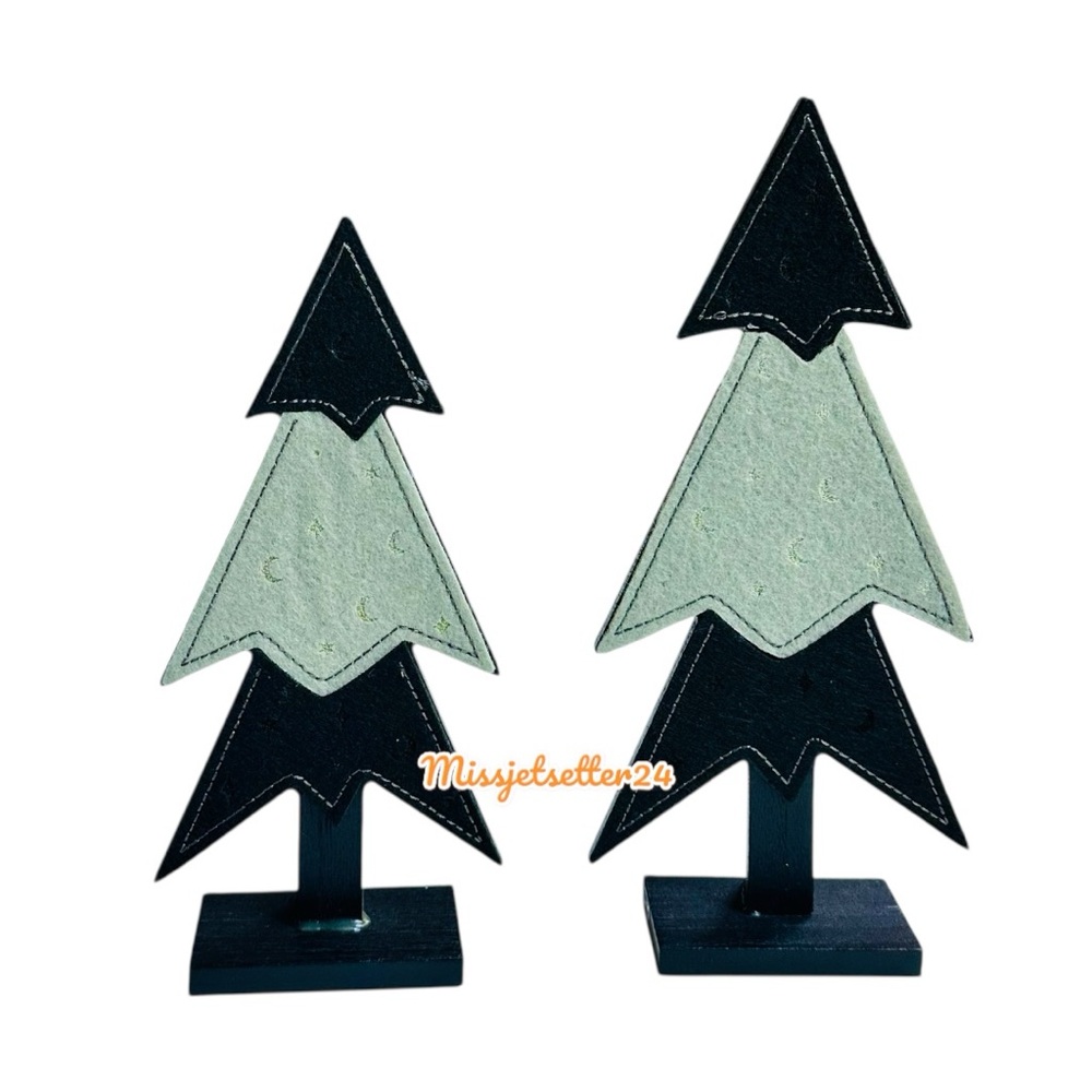 NWT 2 Hyde And Eek Green and Black Felt Trees with Moon and Star Pattern on Base